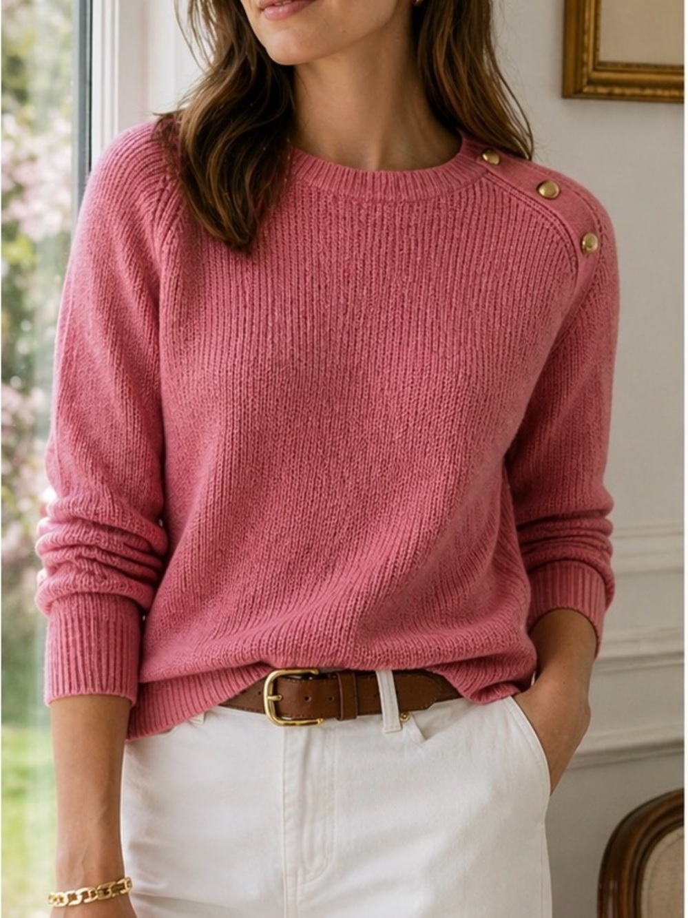 J Crew Pink Knit Sweater Gold Button Shoulder Lightweight Cotton Size S